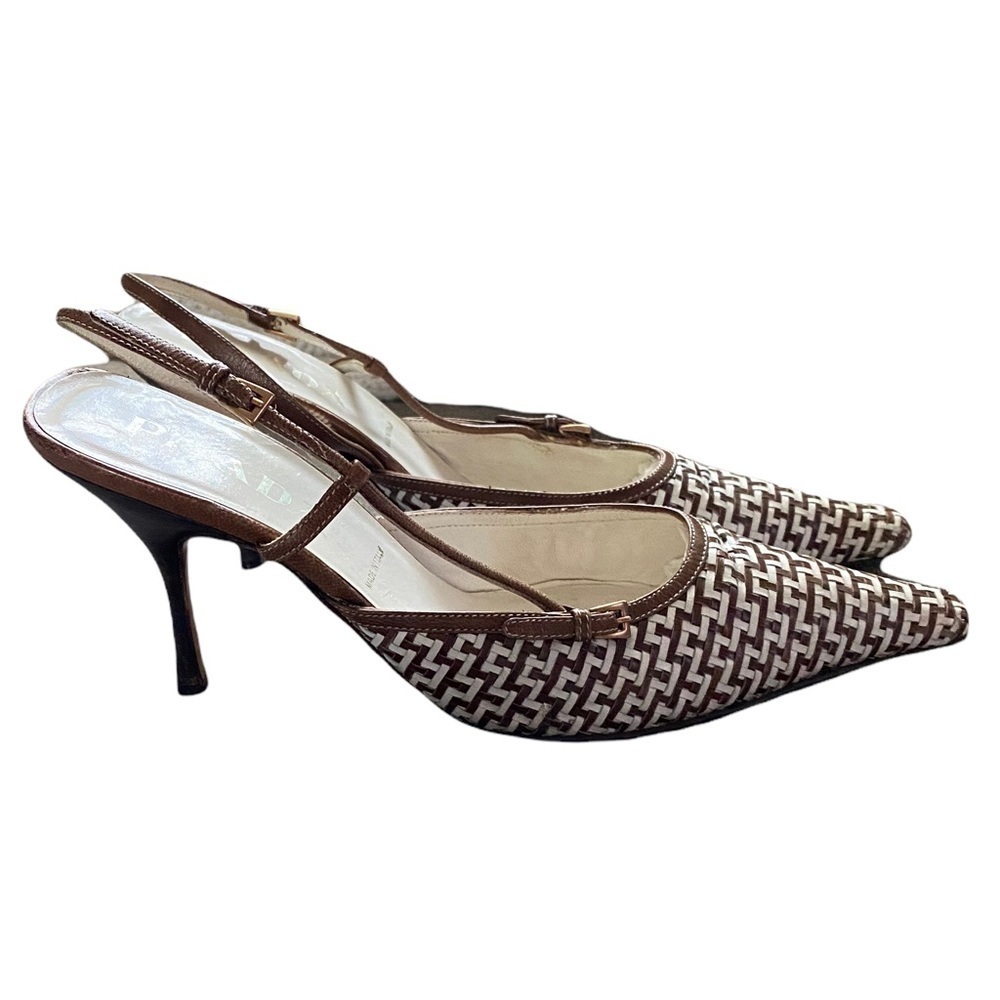 Prada Brown & White Woven Leather Slingback Heels Size 36.5 Italy